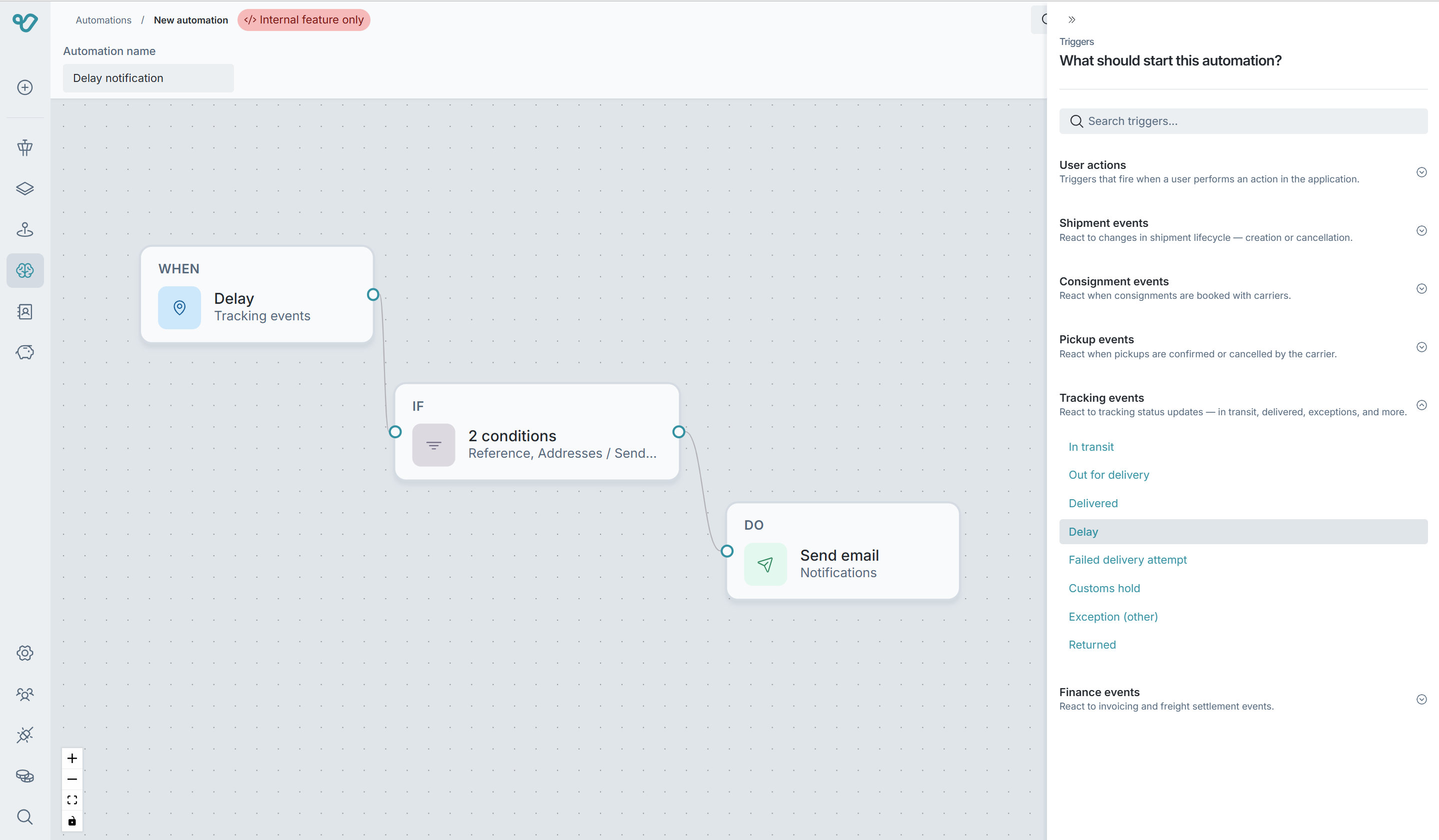 Automation builder showing a delay notification workflow