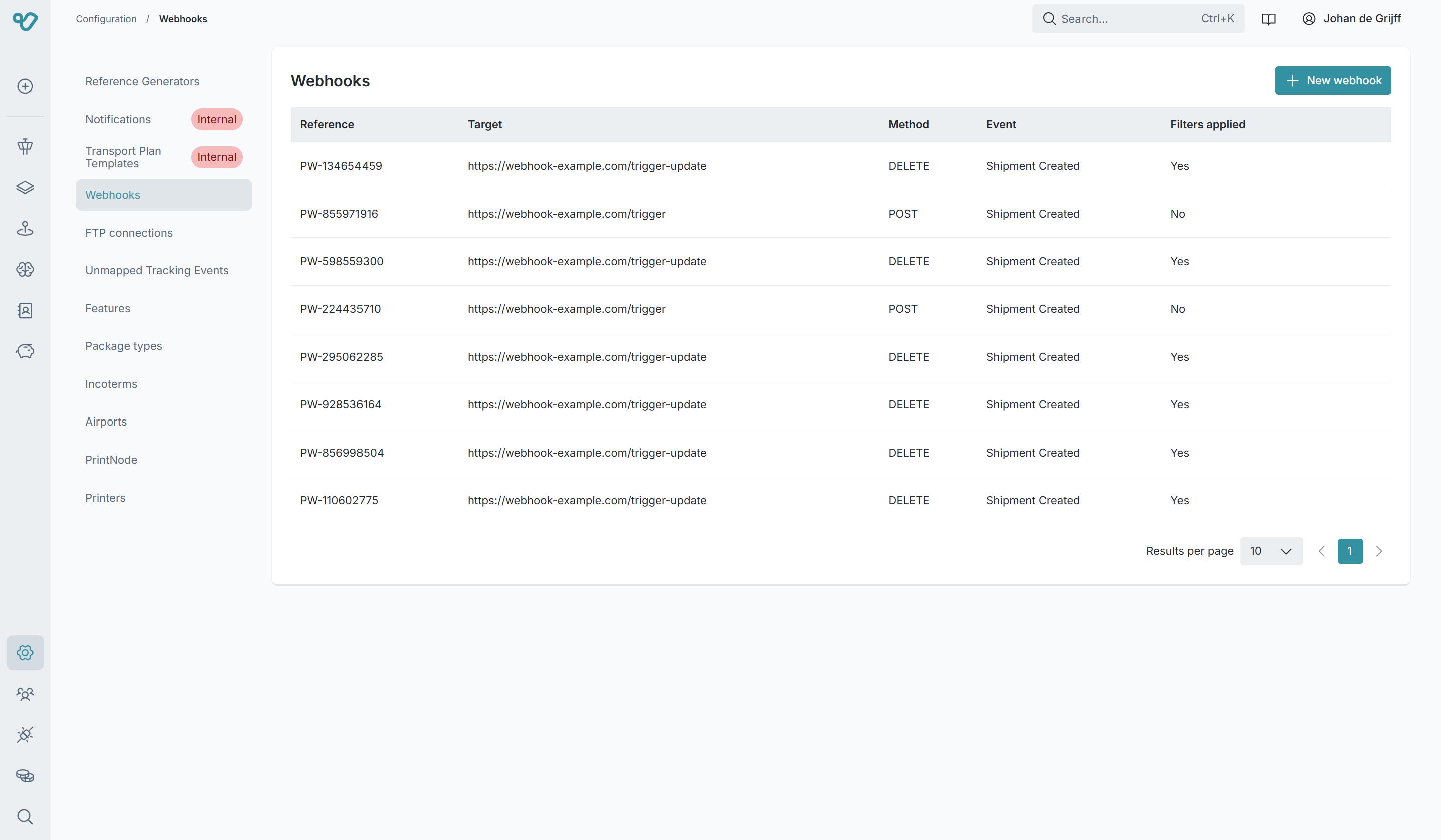 Webhook configuration for real-time shipment events